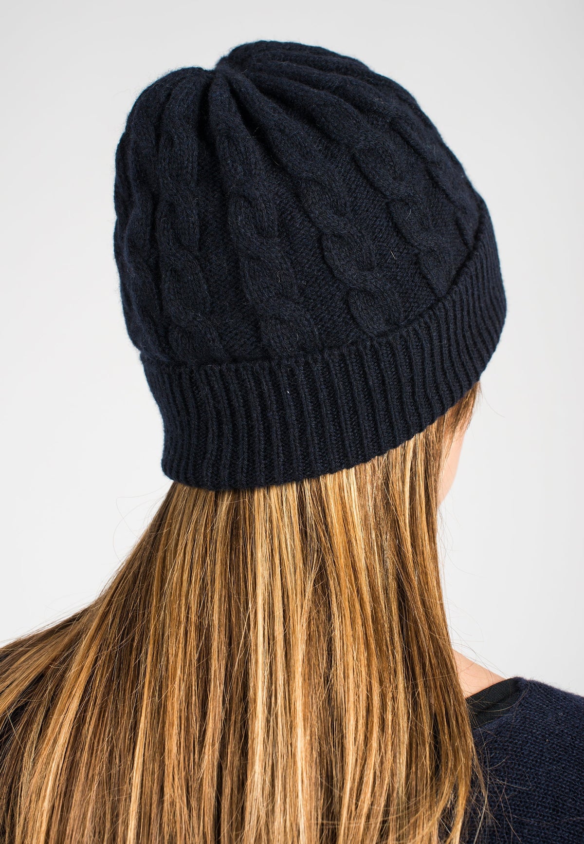 Blue Cable-Knit Recycled Cashmere Blend Beanie, view 3
