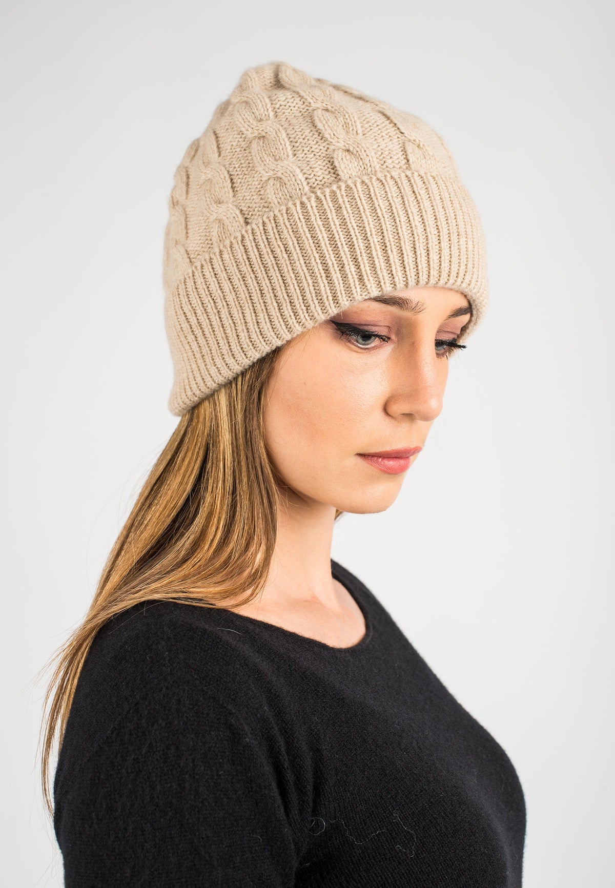 Beige Cable-Knit Recycled Cashmere Blend Beanie, view 2