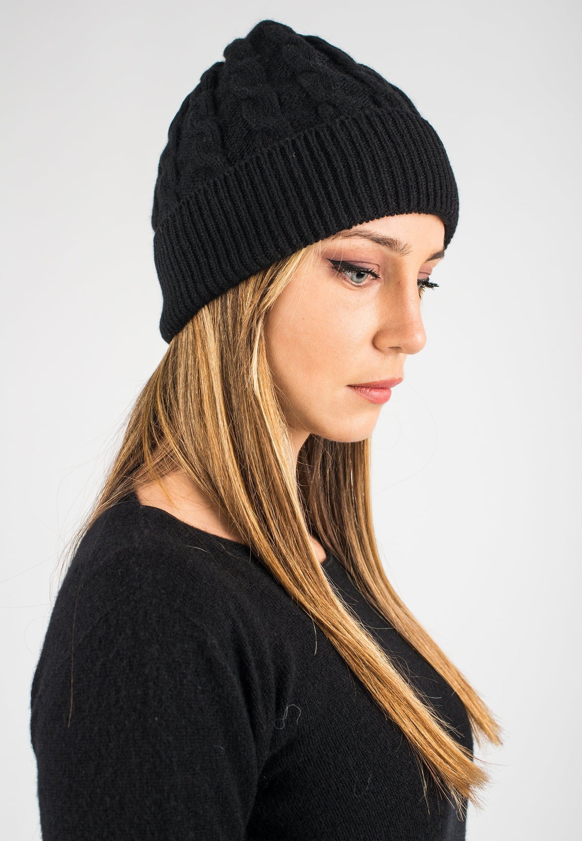 Black Cable-Knit Recycled Cashmere Blend Beanie, view 2