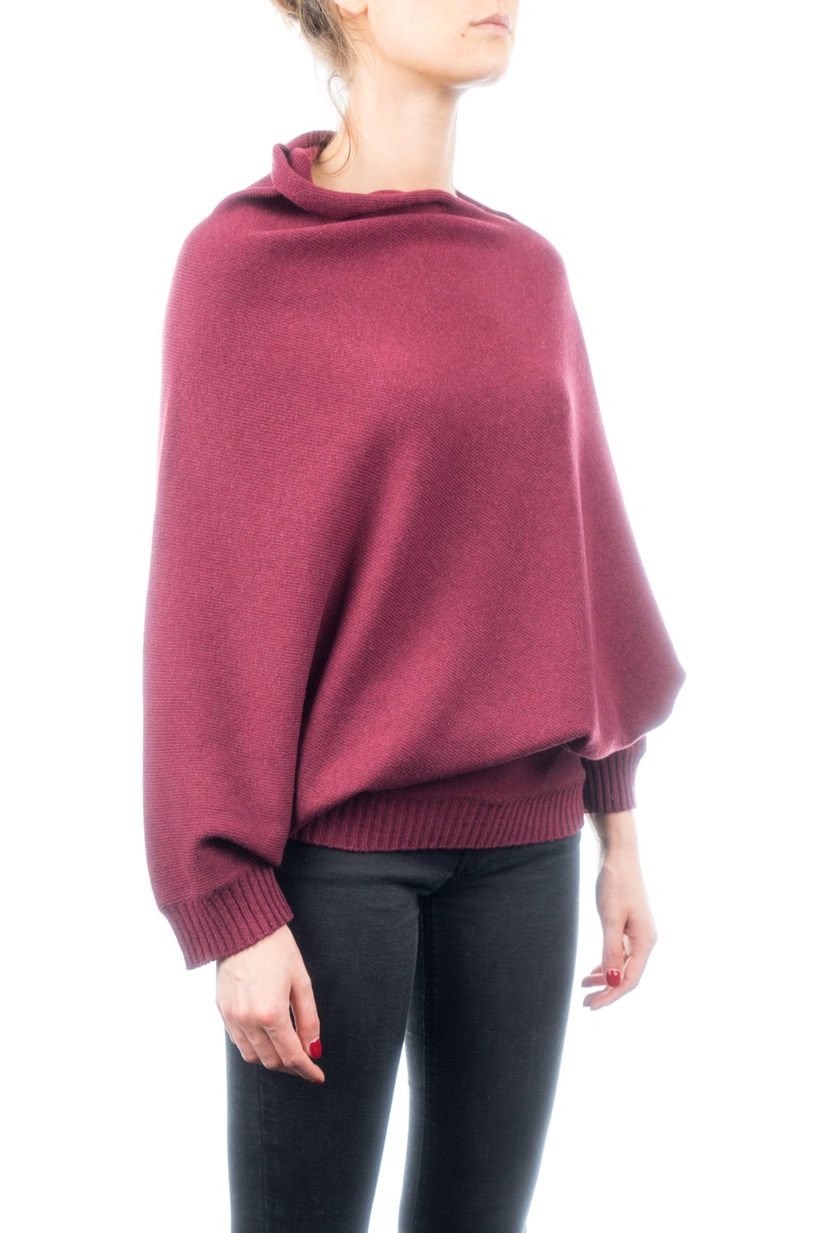 Burgundy Cashmere Blend Poncho With Sleeves, view 2