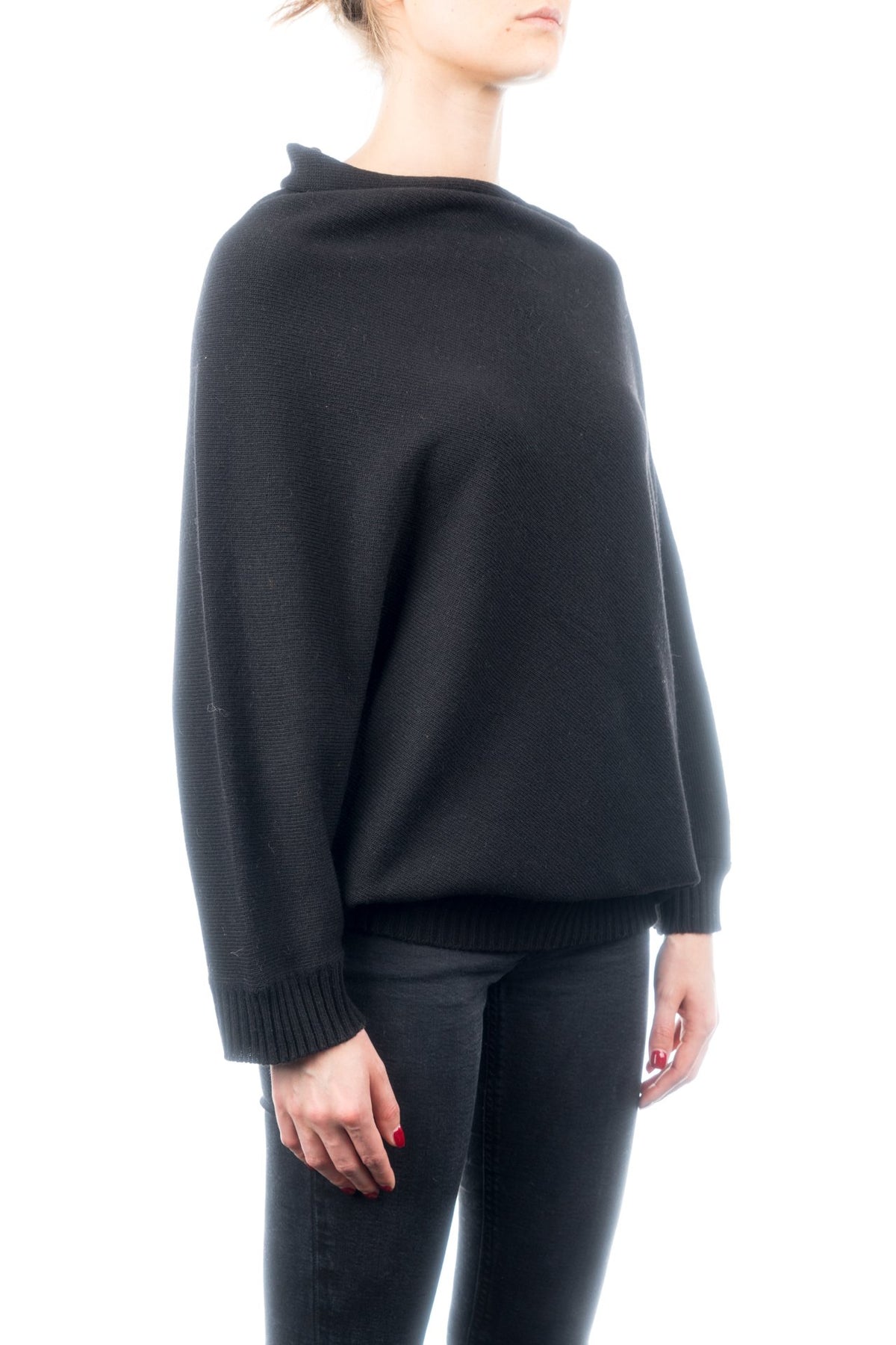 Black Cashmere Blend Poncho With Sleeves, view 2