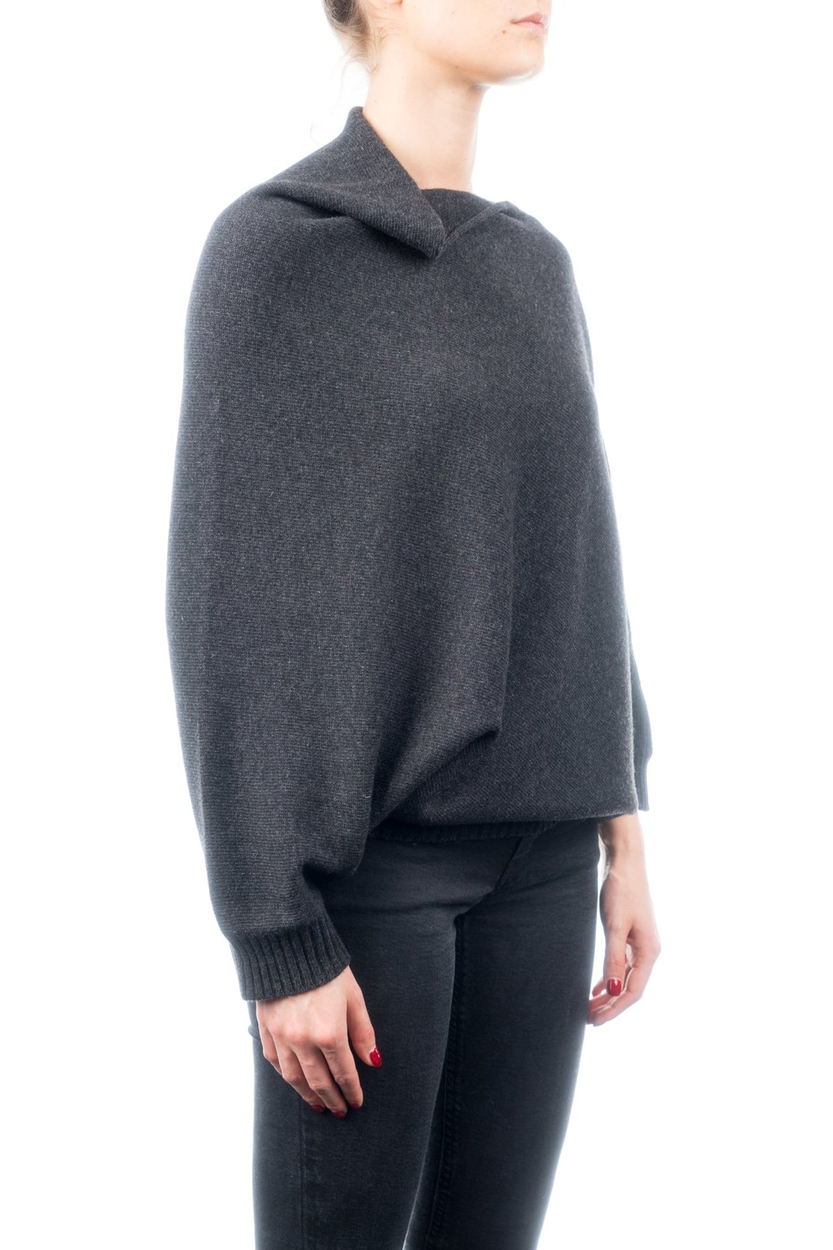 Charcoal Cashmere Blend Poncho With Sleeves, view 2
