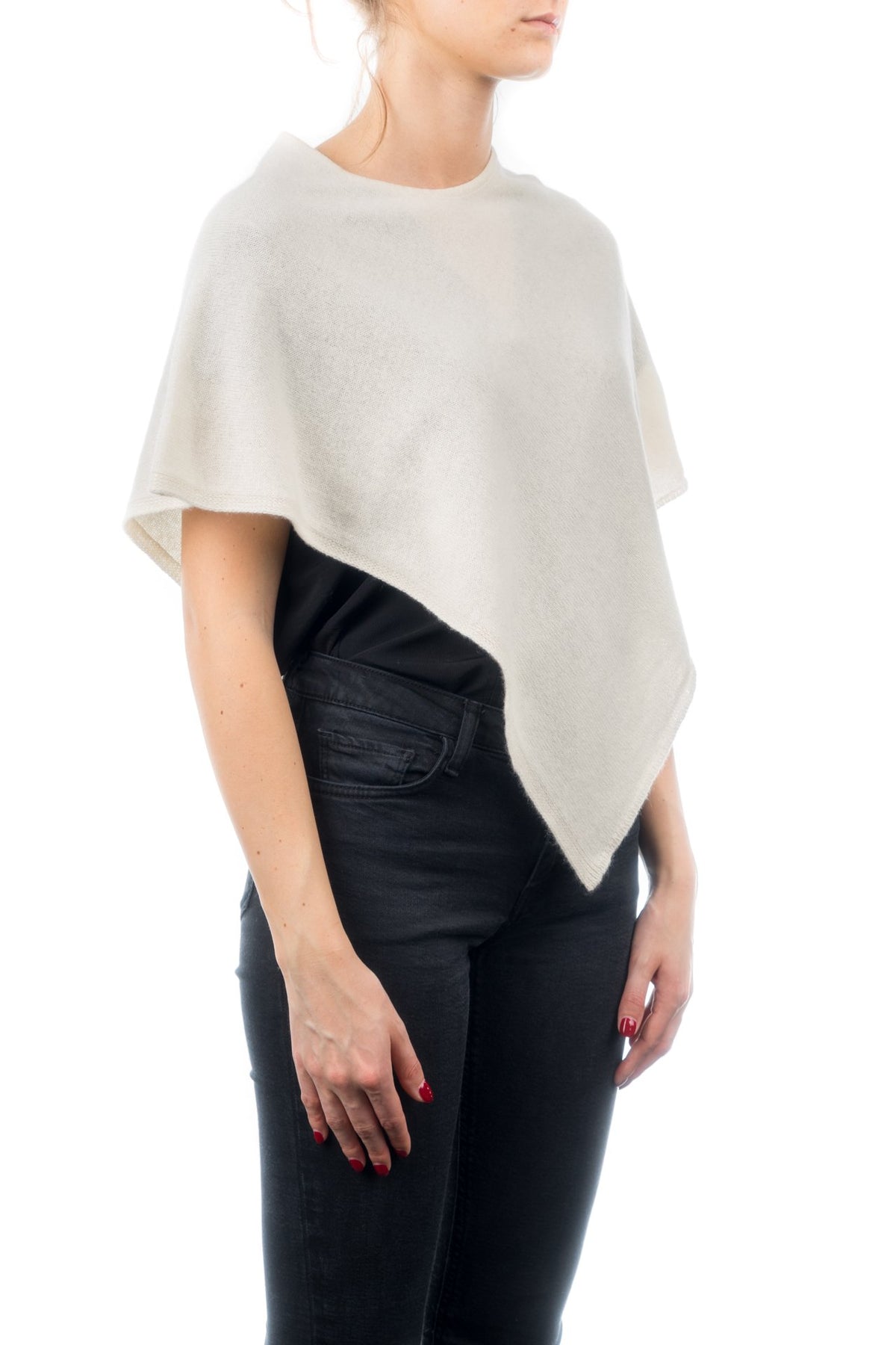 Cream Short 100% Cashmere Poncho, view 2
