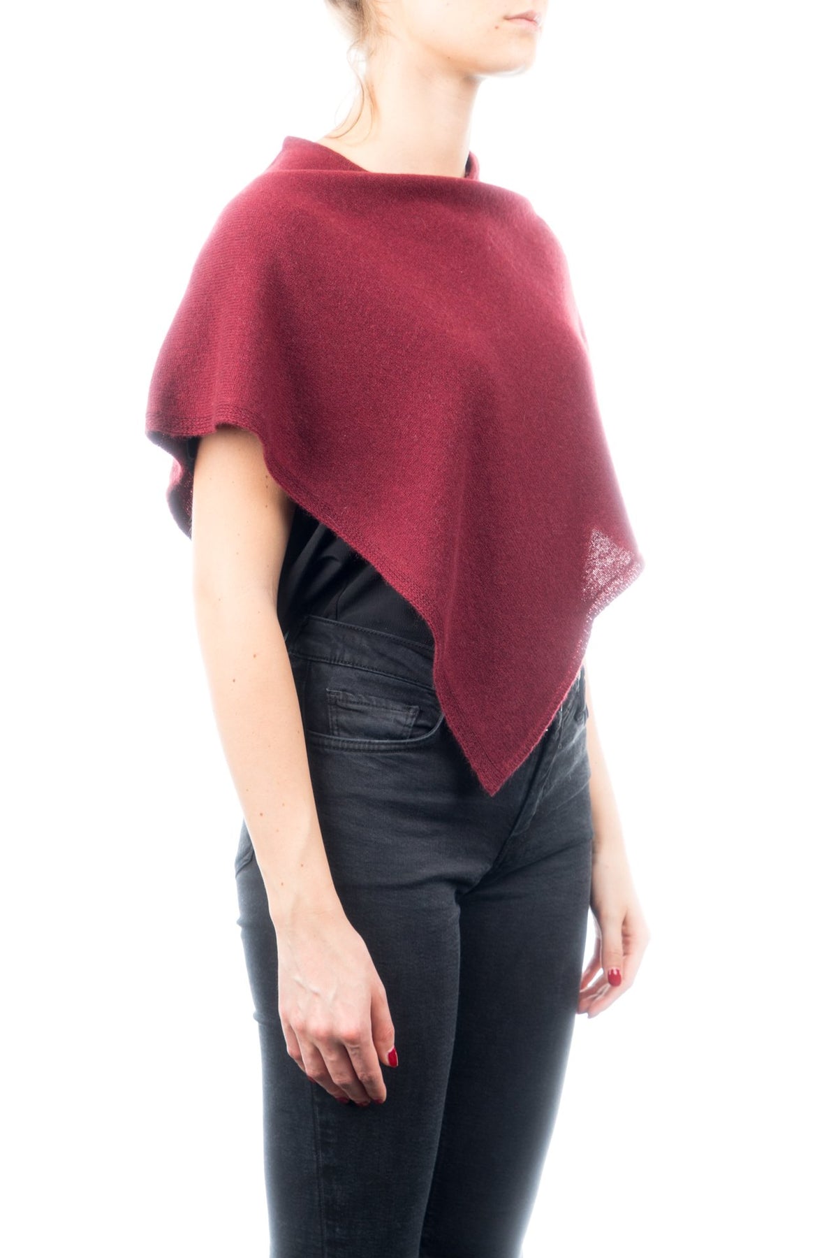 Burgundy Short 100% Cashmere Poncho, view 2