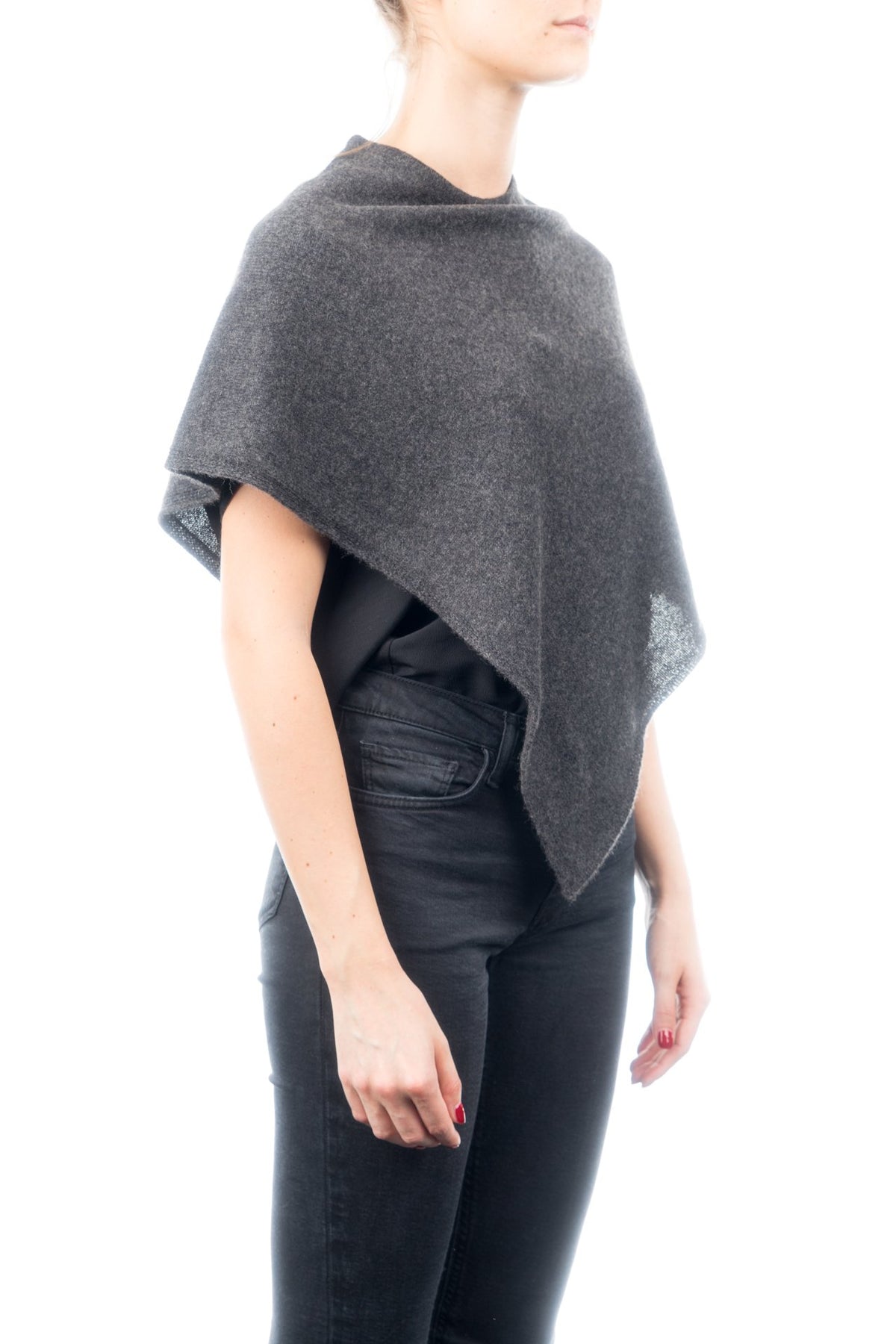 Charcoal Short 100% Cashmere Poncho, view 2