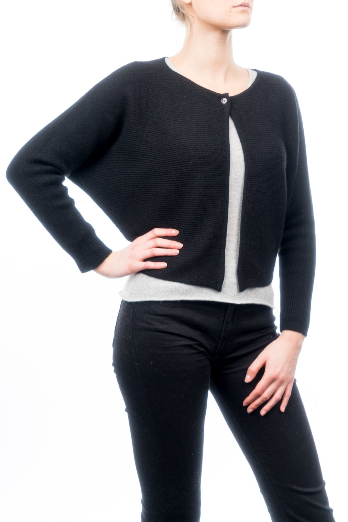 Black Women's 100% Cashmere Cropped Cardigan, view 2