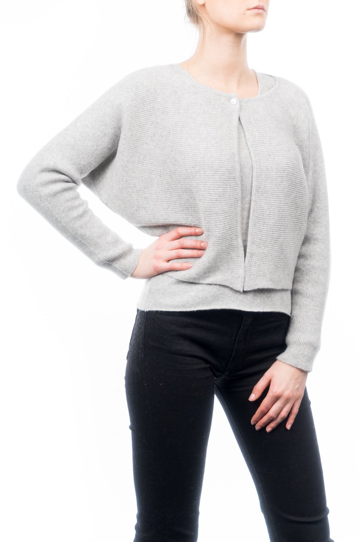 Gray Women's 100% Cashmere Cropped Cardigan, view 2