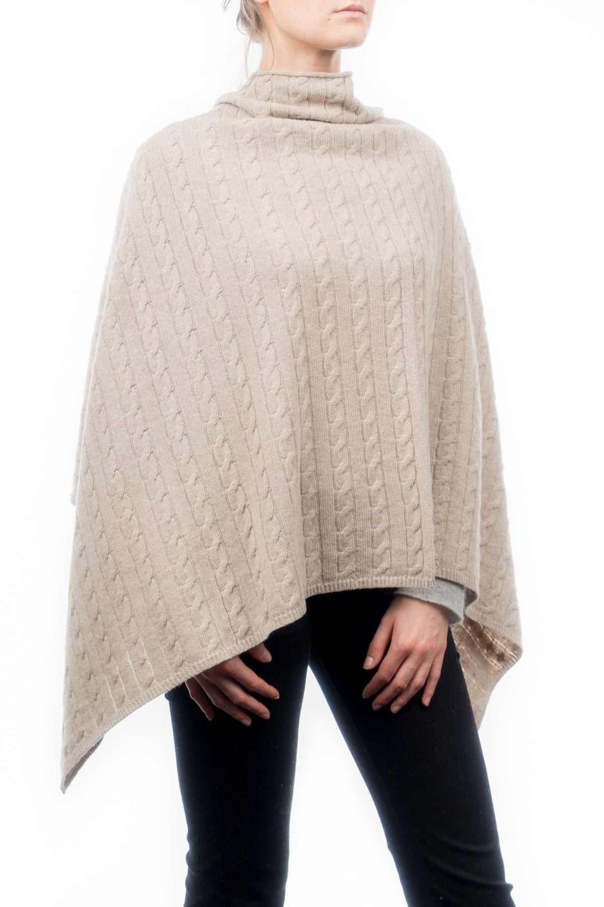 Beige Cable-Knit Cashmere Blend Poncho