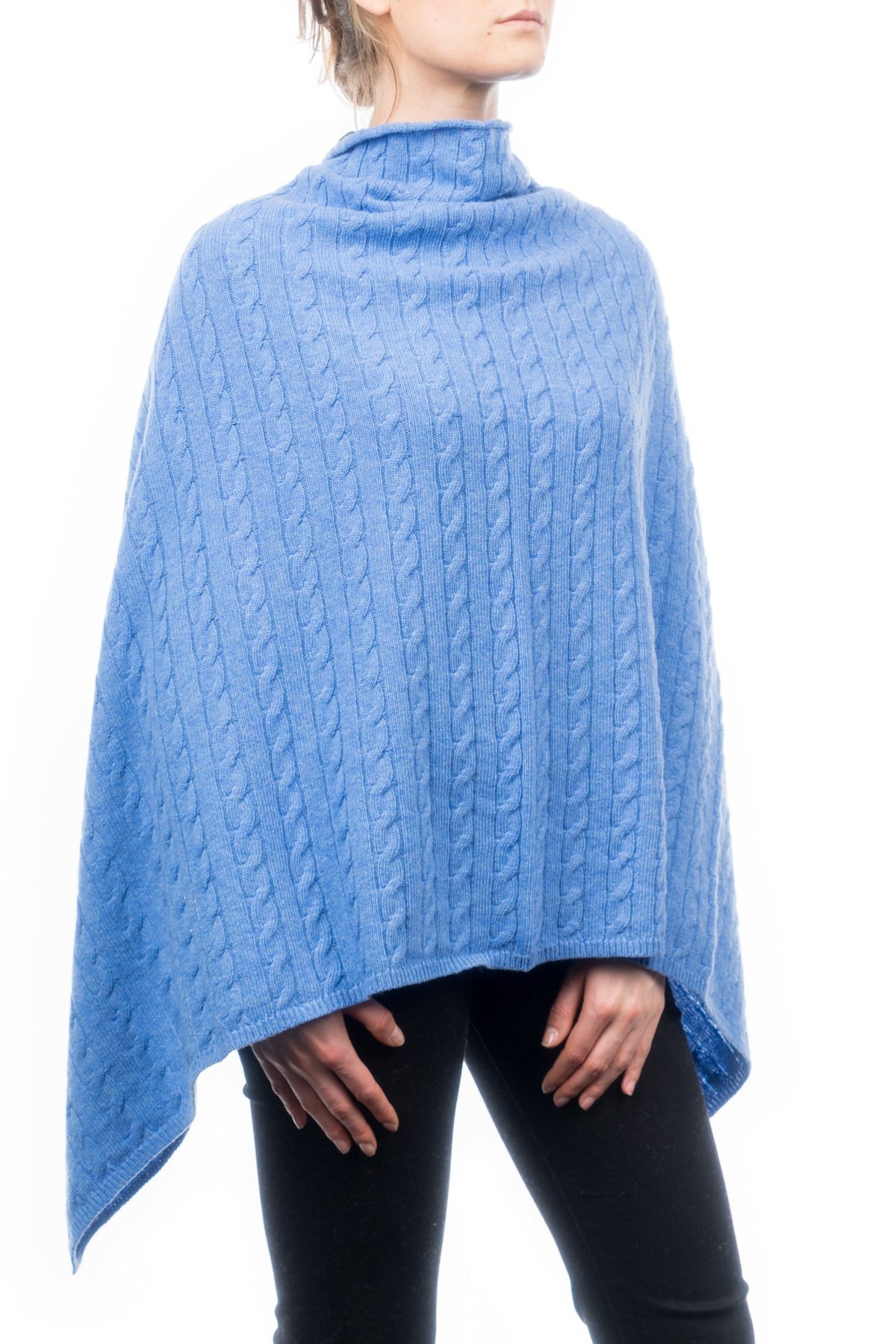 Light Blue Cable-Knit Cashmere Blend Poncho