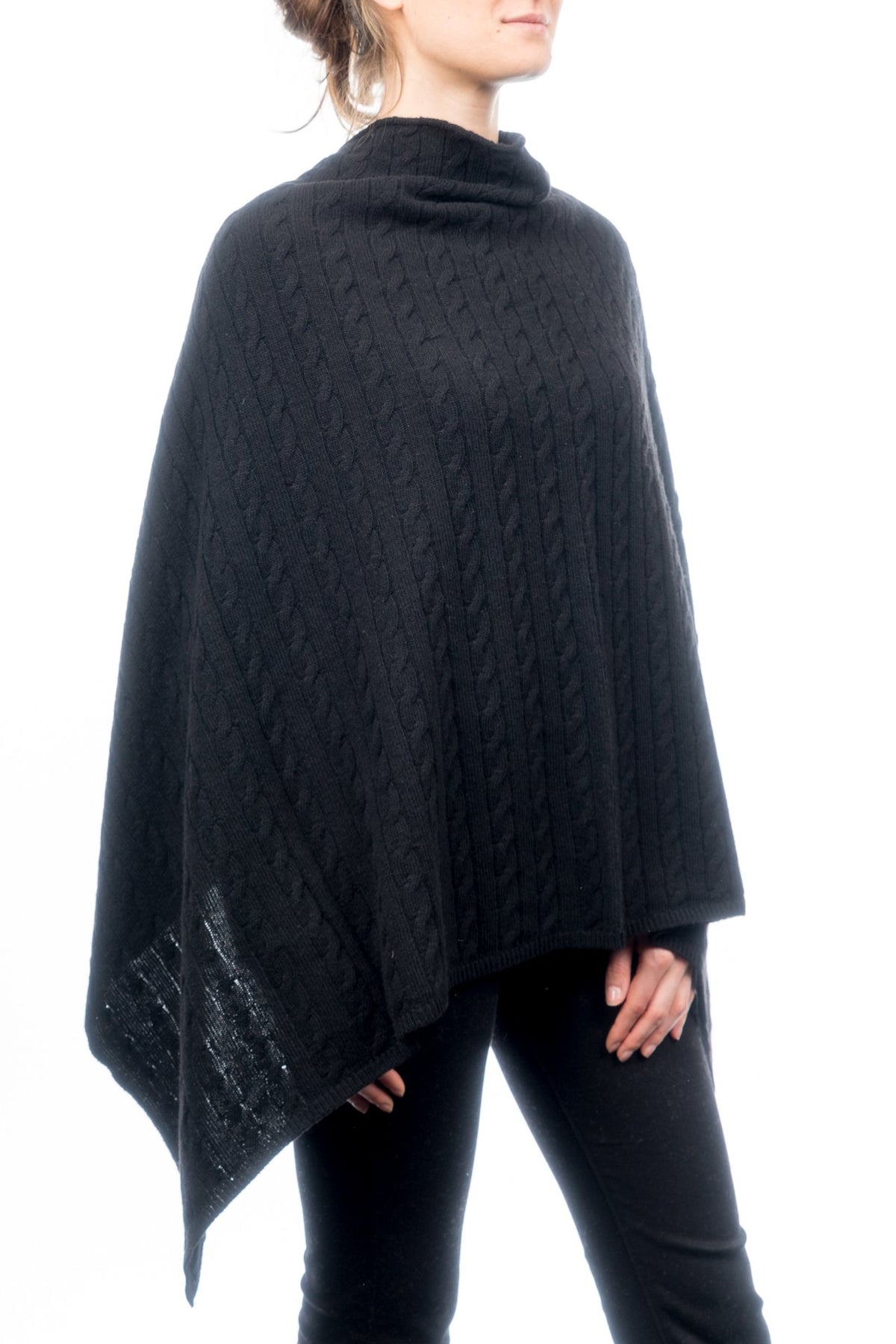 Black Cable-Knit Cashmere Blend Poncho