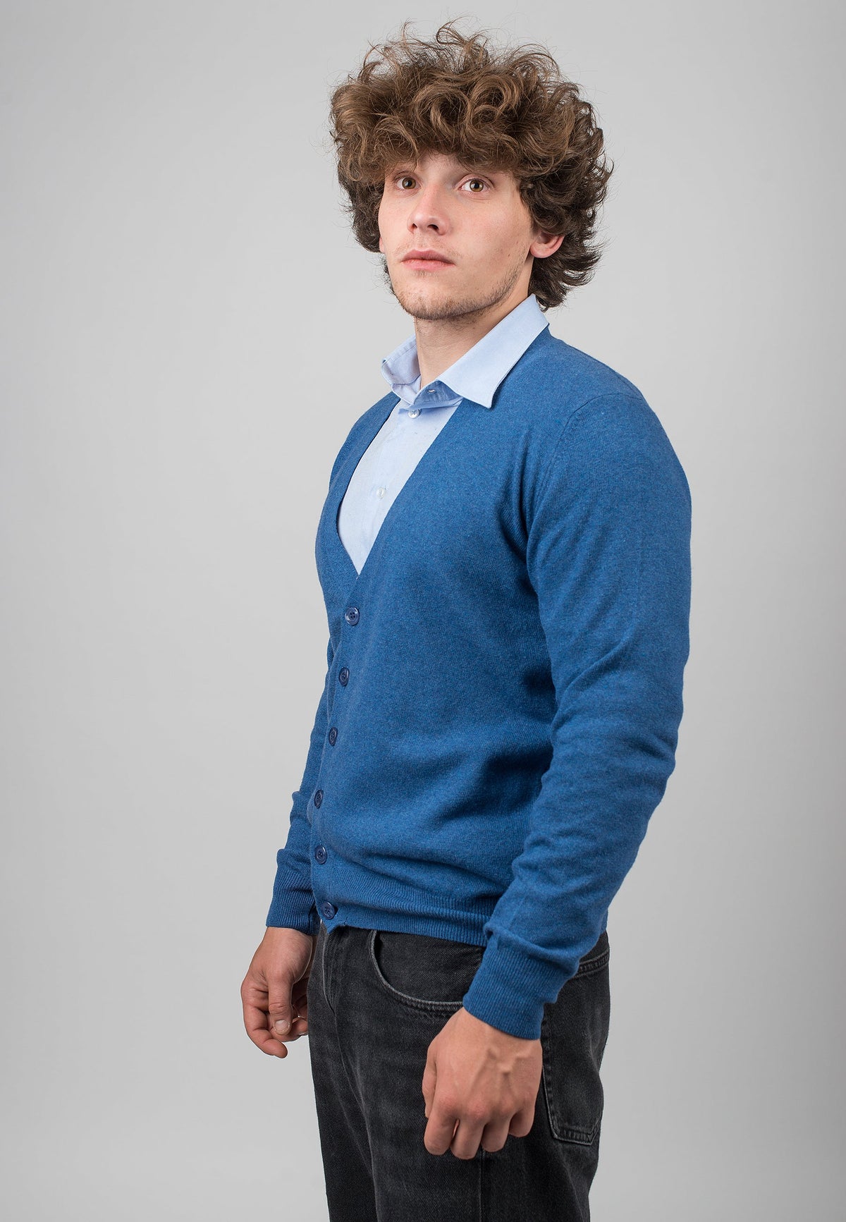 Royal Blue Men's Cashmere Blend Cardigan, view 2