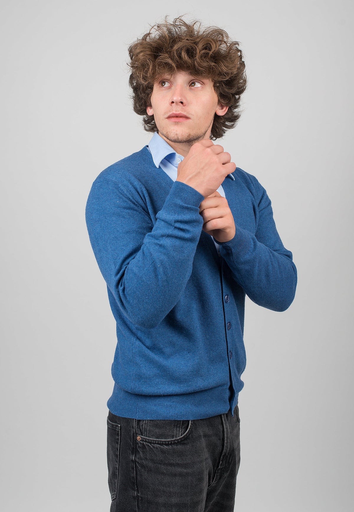 Royal Blue Men's Cashmere Blend Cardigan, view 3