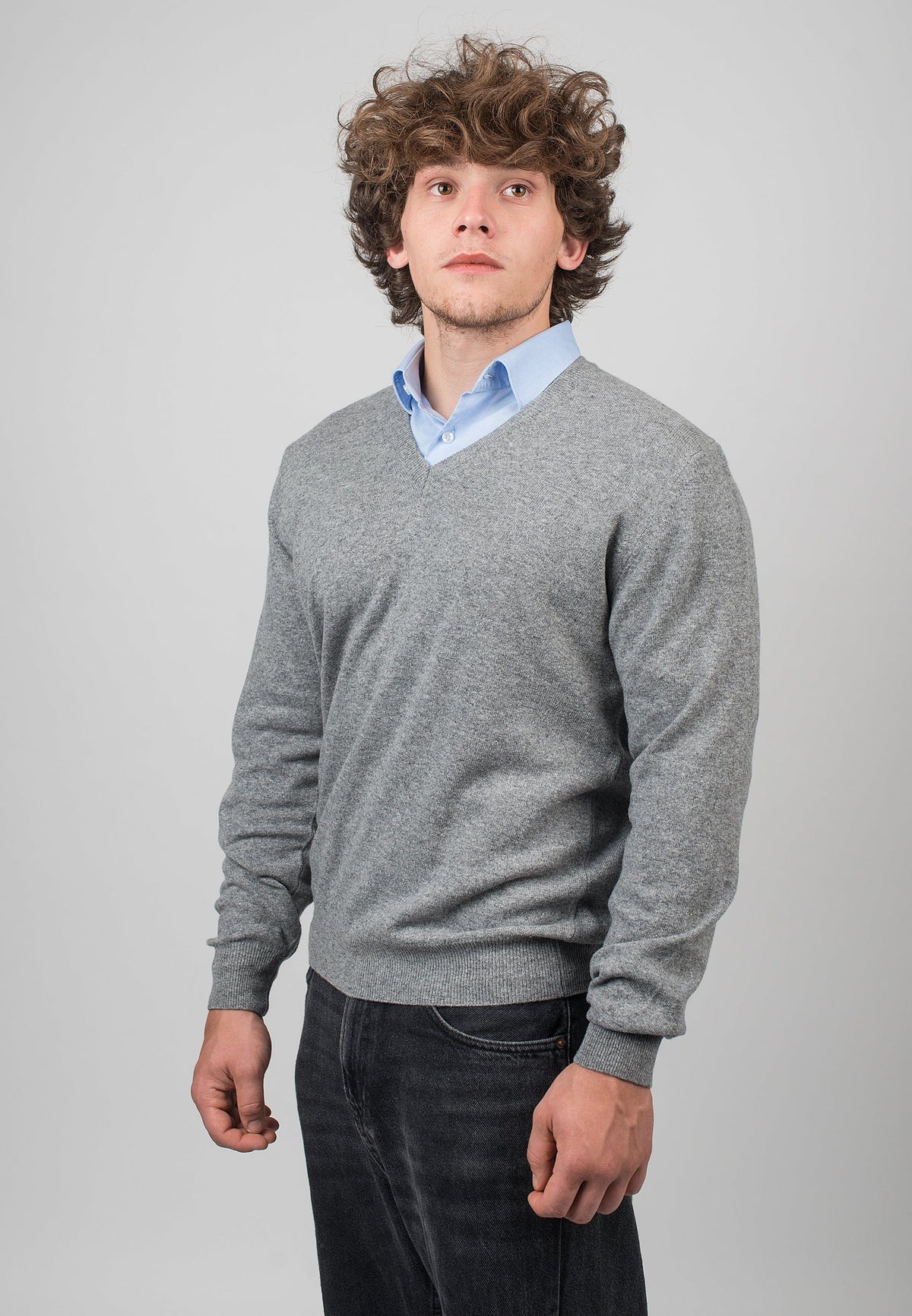 Gray Men's Cashmere Blend V-Neck, view 2