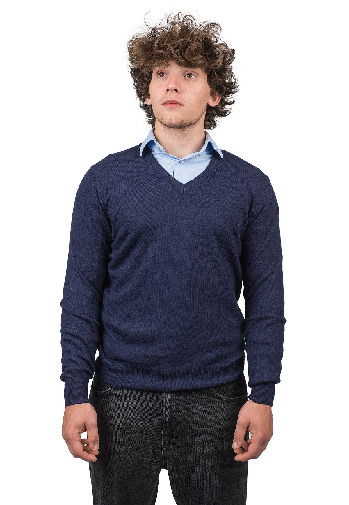 Blue Men's Cashmere Blend V-Neck