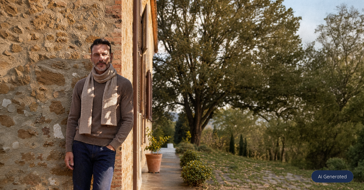 Men's cashmere knitwear by Dalle Piane Cashmere, worn in a wine cellar