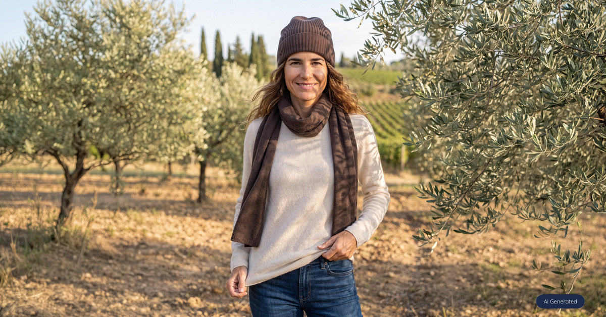 Women's cashmere knitwear by Dalle Piane Cashmere, worn in an olive grove