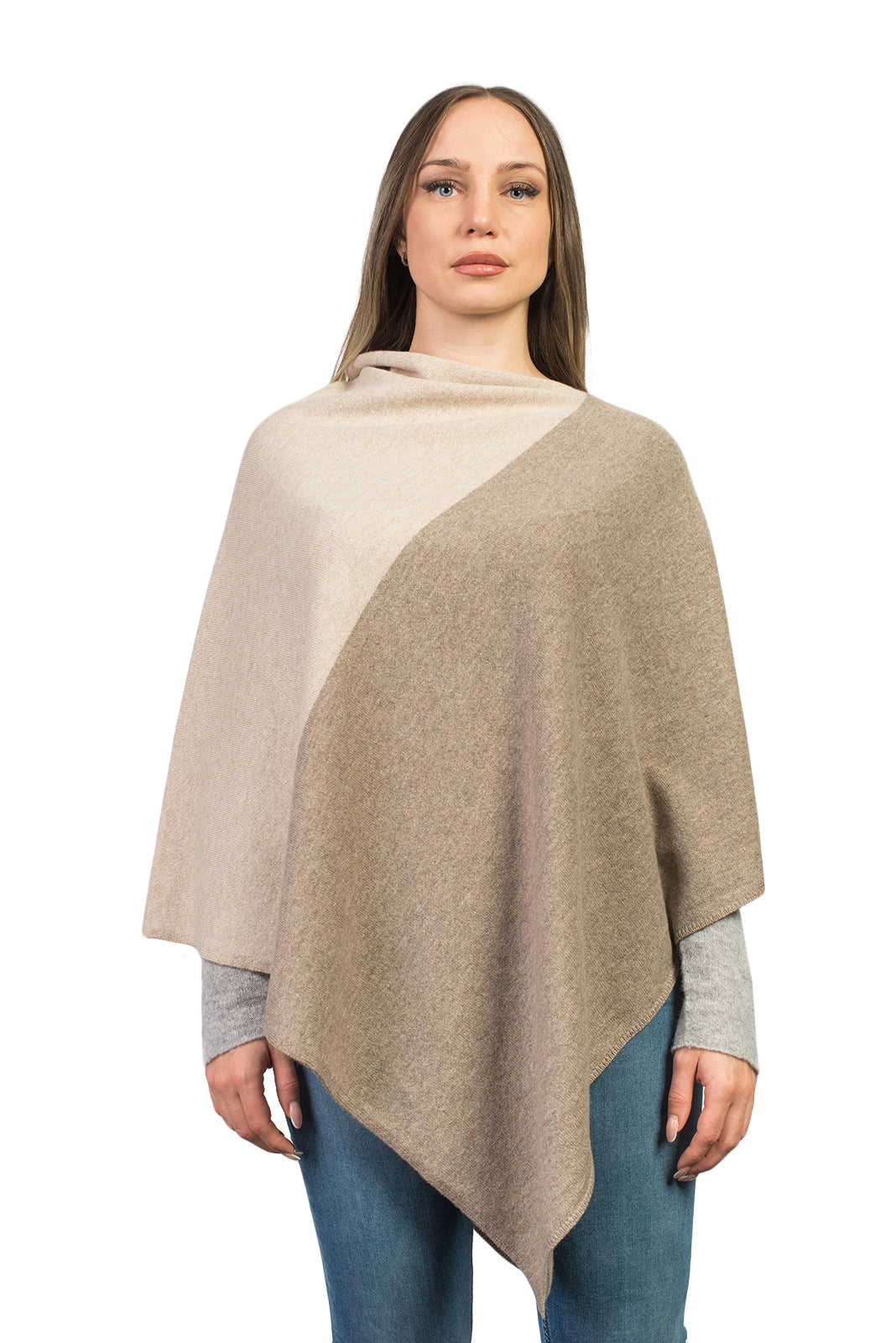 Mink-Beige Two-Tone 100% Cashmere Poncho