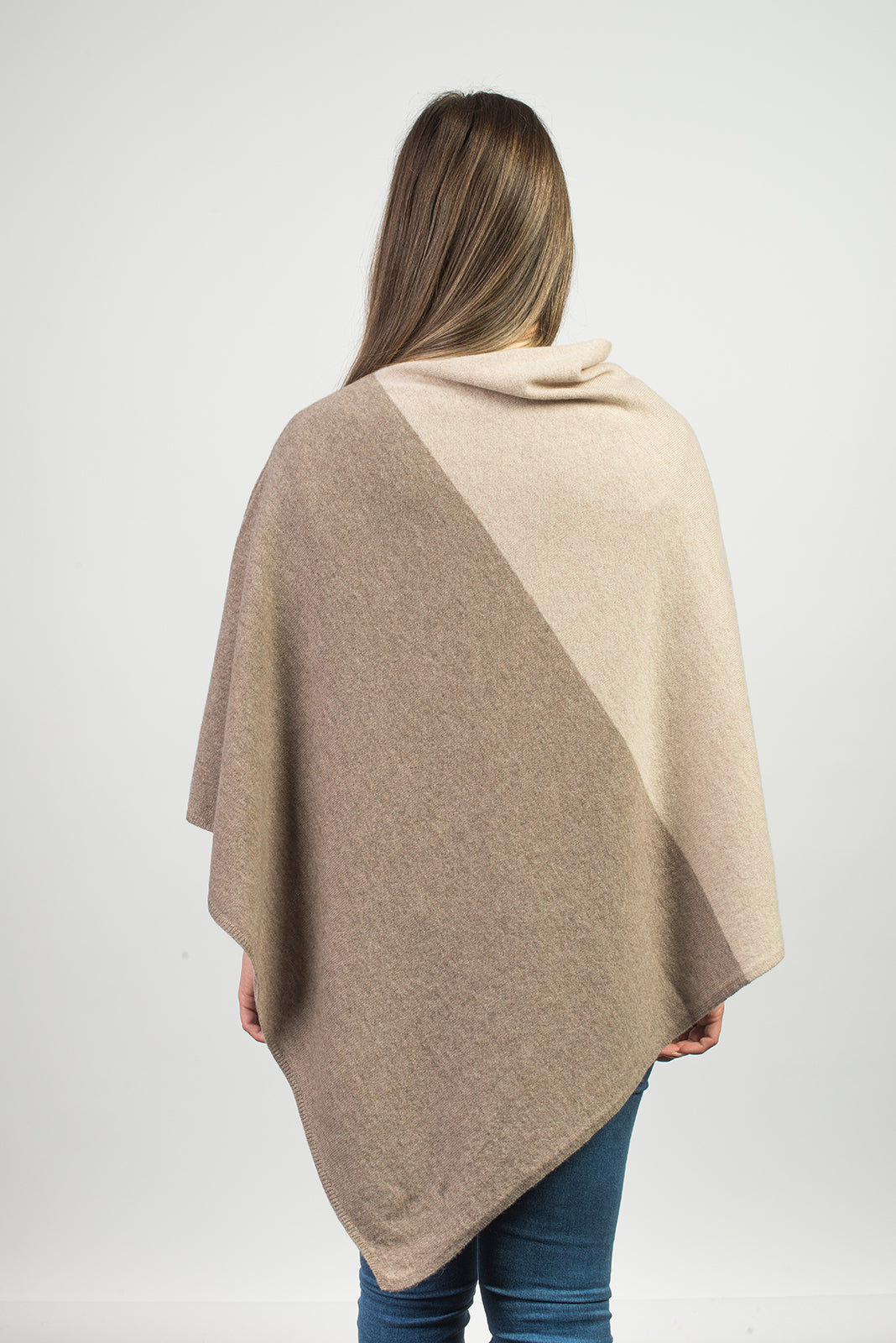 Mink-Beige Two-Tone 100% Cashmere Poncho, view 3
