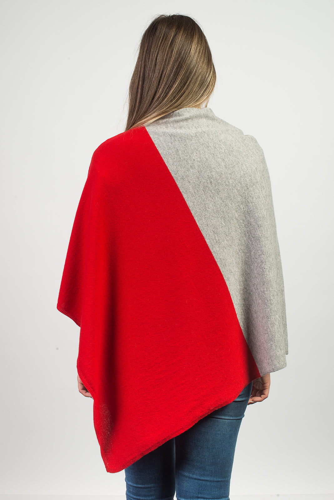 Red-Gray Two-Tone 100% Cashmere Poncho, view 3