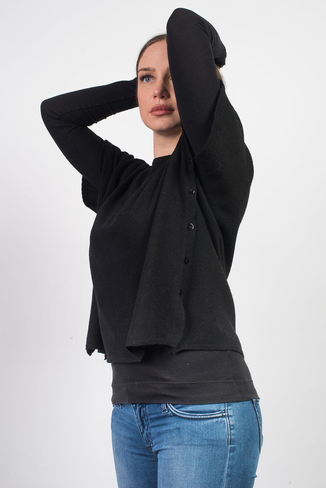 Black Women's Buttoned Cashmere Blend Crewneck, view 2