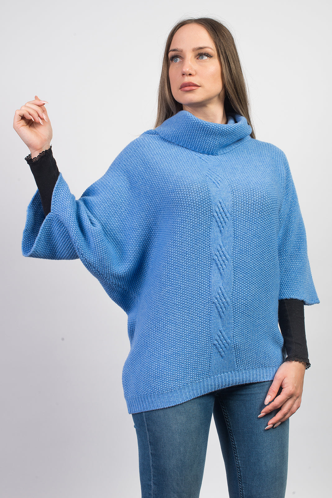 Light Blue Women's Cable-Knit Cashmere Blend Sweater, view 2