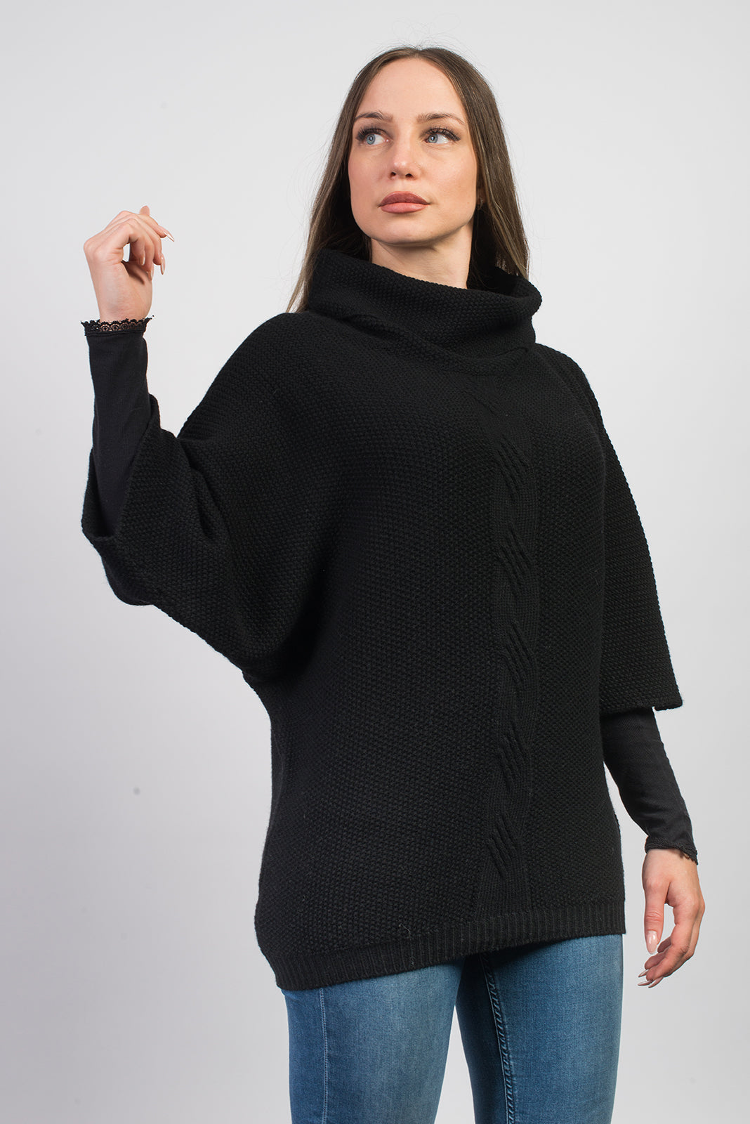 Black Women's Cable-Knit Cashmere Blend Sweater, view 2