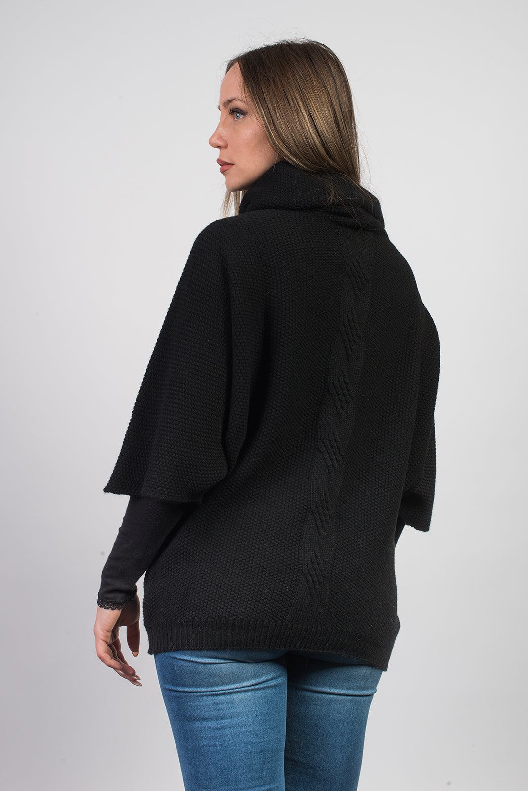 Black Women's Cable-Knit Cashmere Blend Sweater, view 3