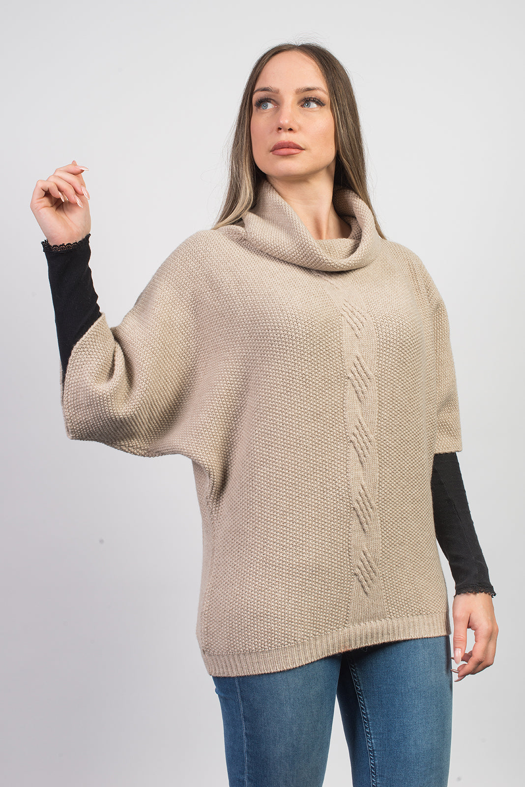 Beige Women's Cable-Knit Cashmere Blend Sweater, view 3
