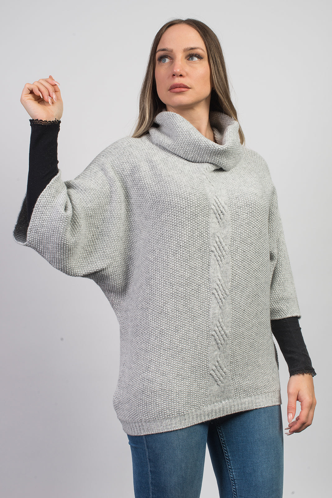 Gray Women's Cable-Knit Cashmere Blend Sweater, view 2