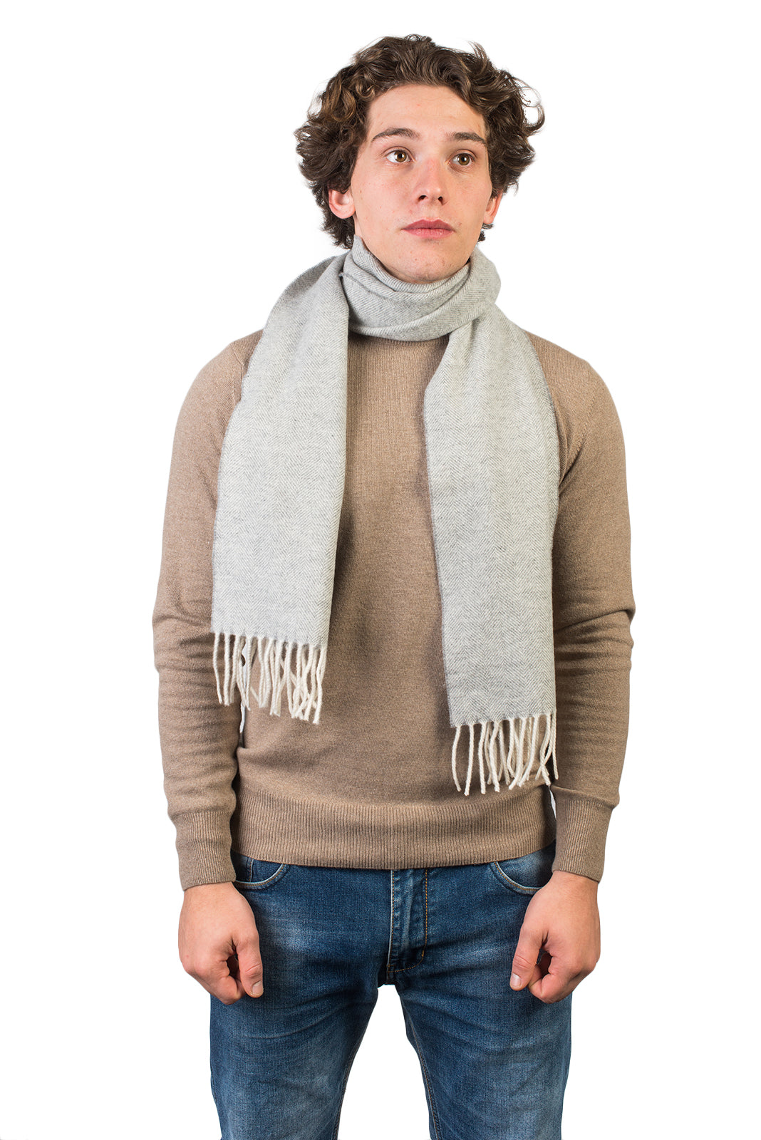 Light Gray Herringbone Wool and Cashmere Scarf