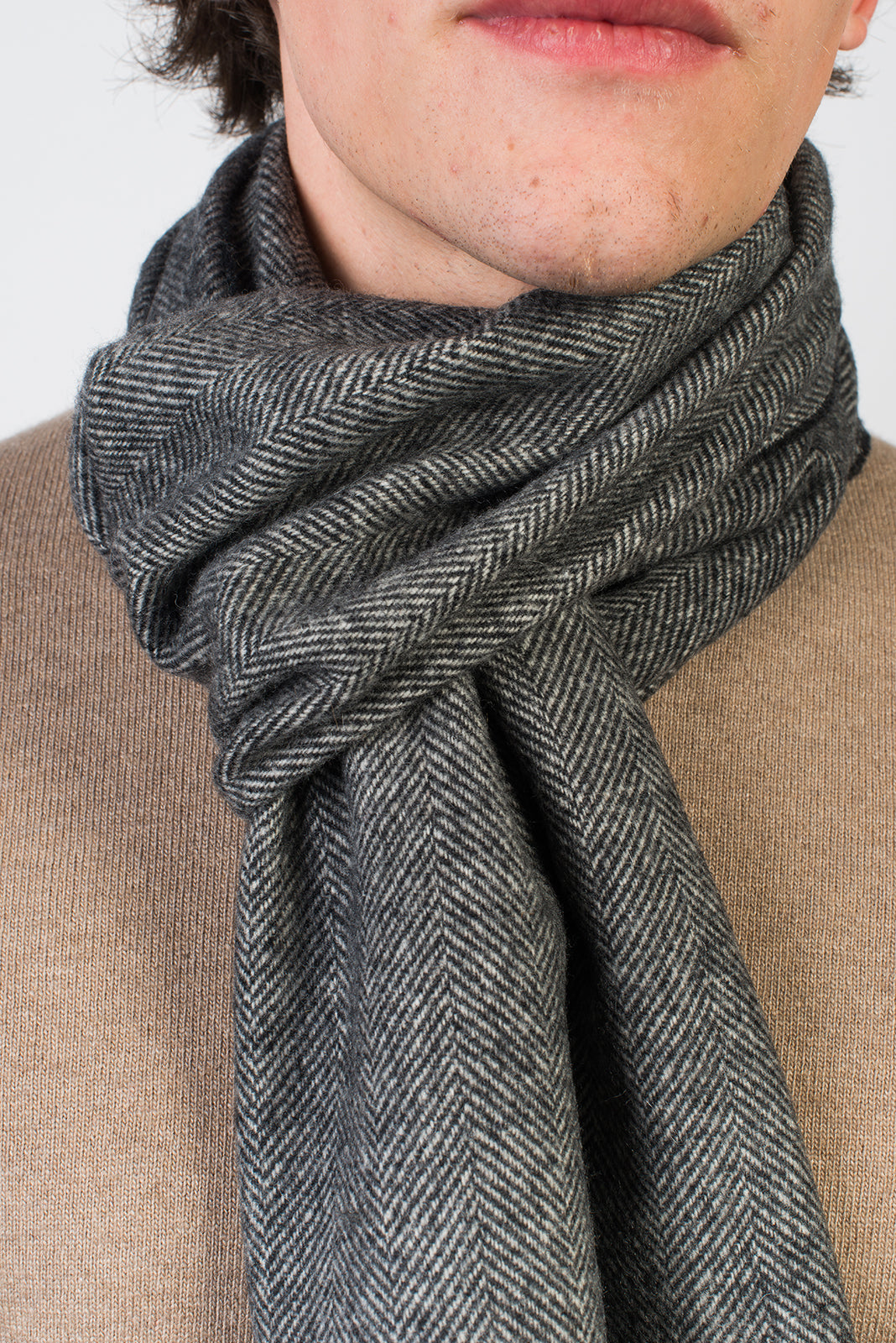 Black Herringbone Wool and Cashmere Scarf, view 4