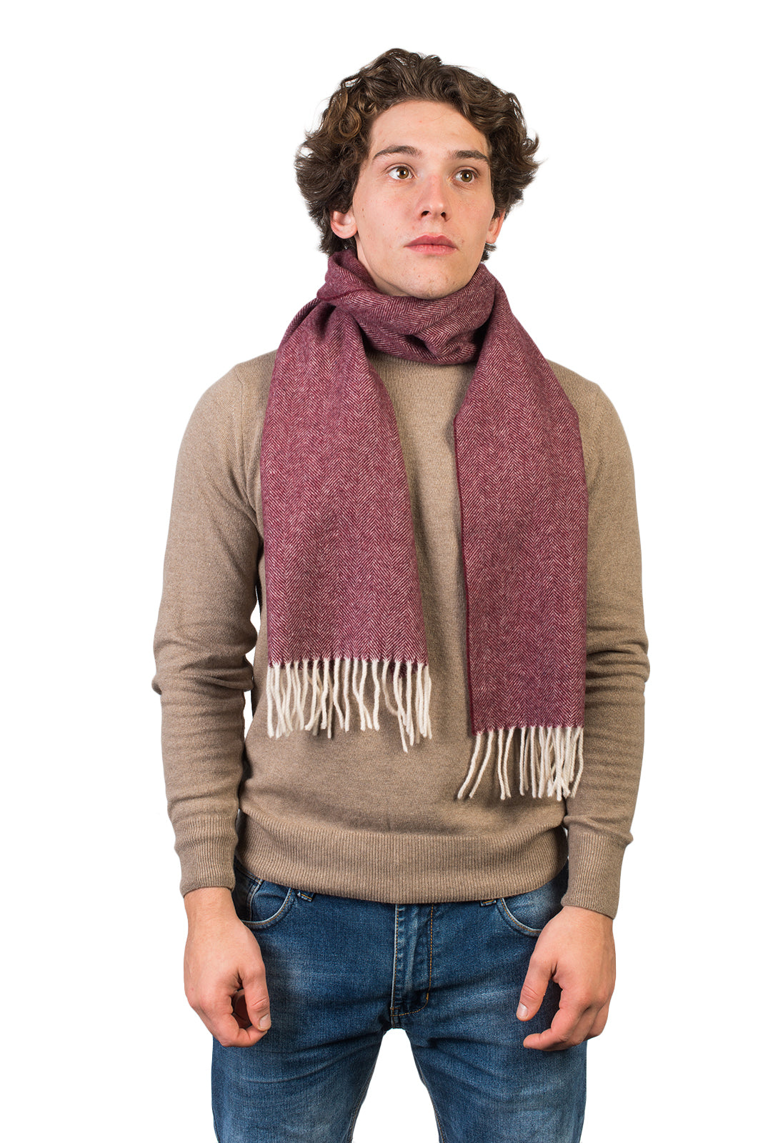 Burgundy Herringbone Wool and Cashmere Scarf
