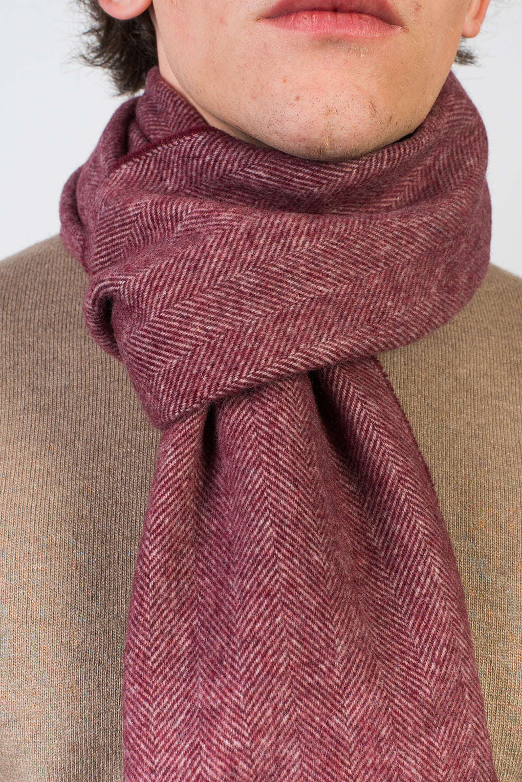 Burgundy Herringbone Wool and Cashmere Scarf, view 4