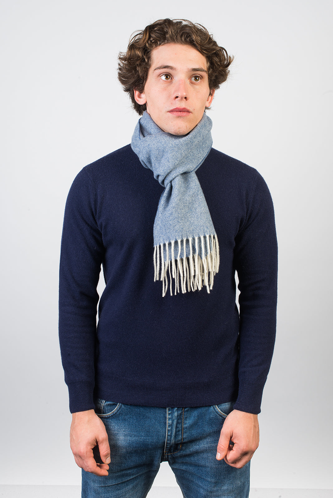 Sky Herringbone Wool and Cashmere Scarf, view 3