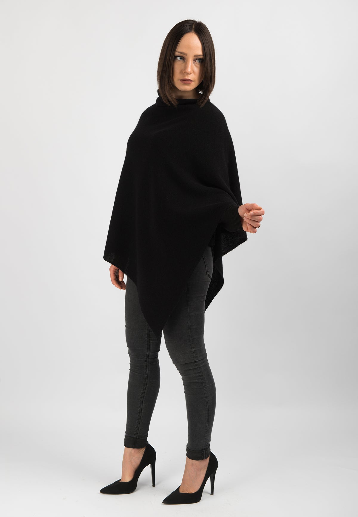 Black 100% Cashmere Poncho, view 2