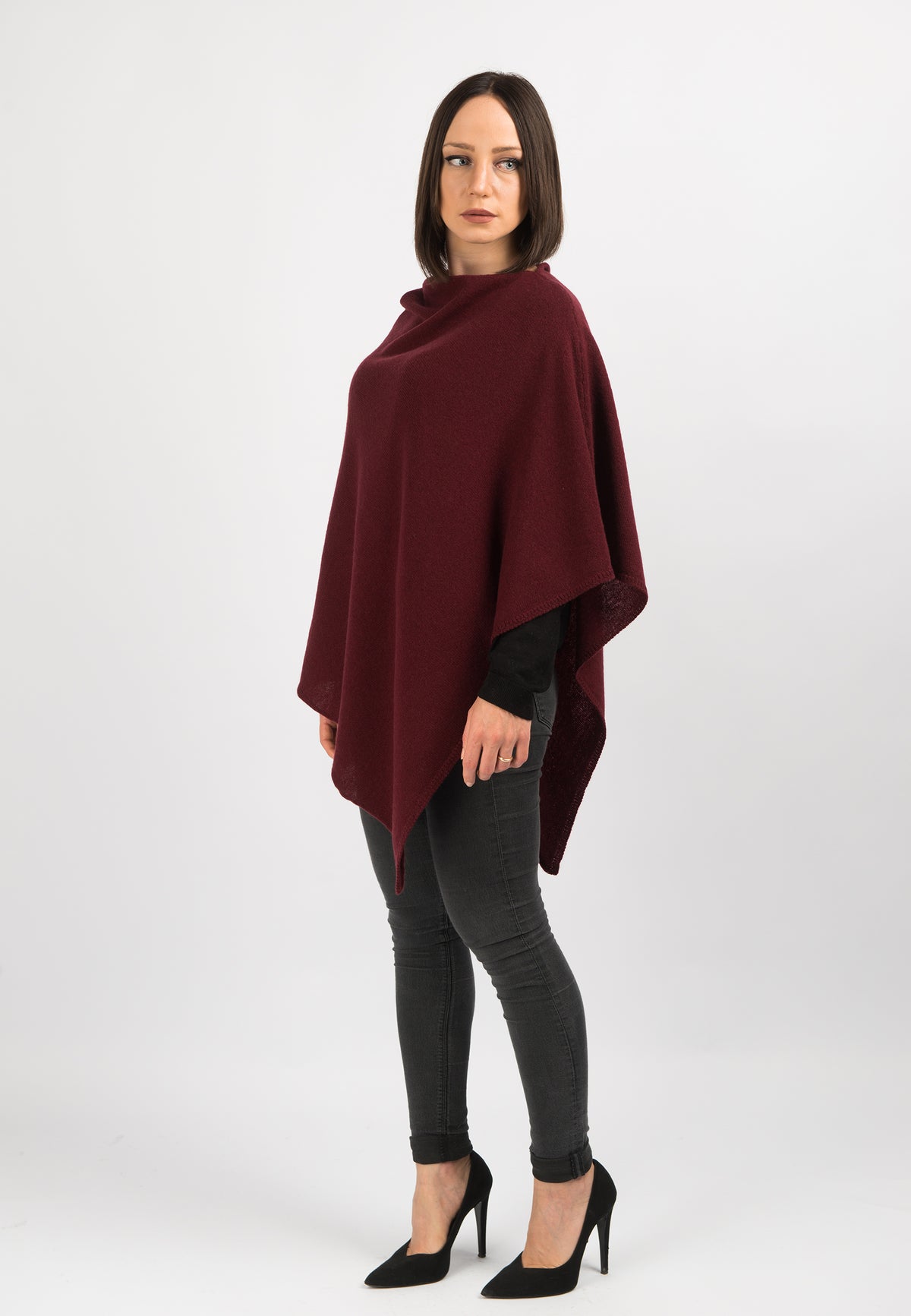 Burgundy 100% Cashmere Poncho, view 2