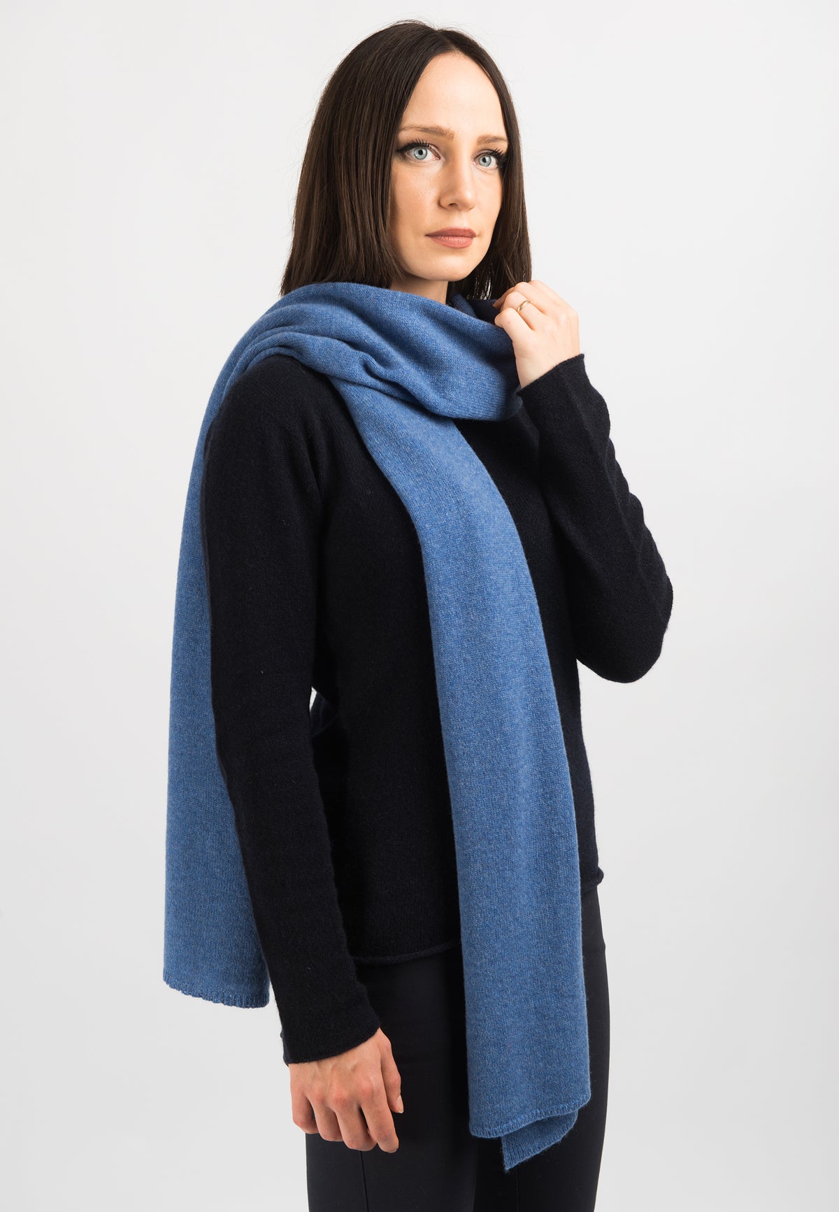 Light Blue Women's Wide 100% Cashmere Scarf, view 3