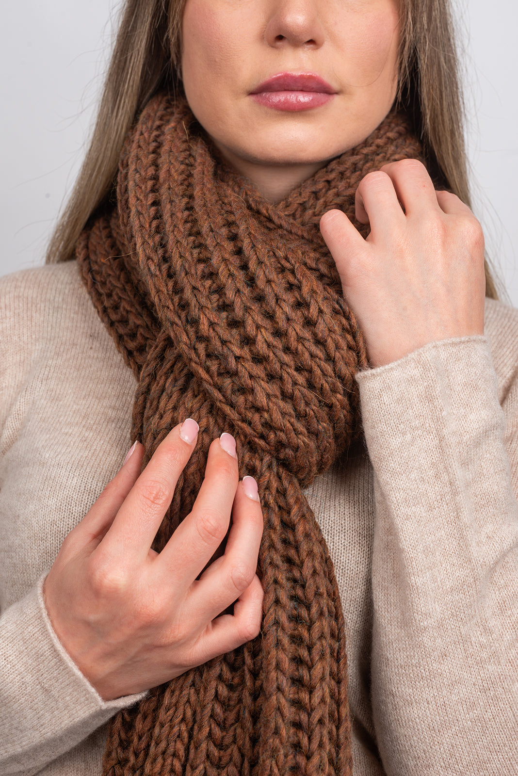 Mocha Fisherman's Rib Scarf with Fringe, view 3