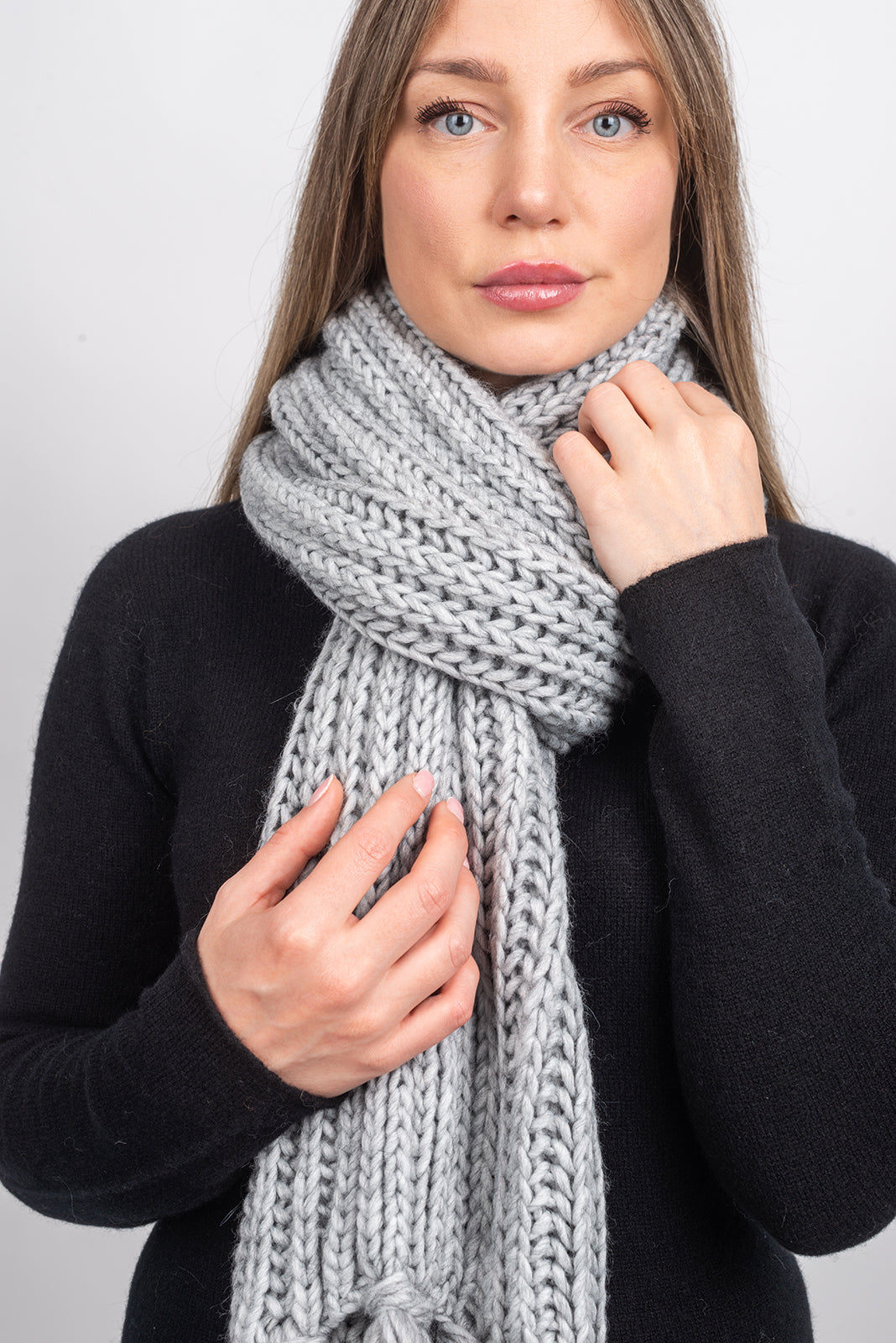 Gray Fisherman's Rib Scarf with Fringe, view 3