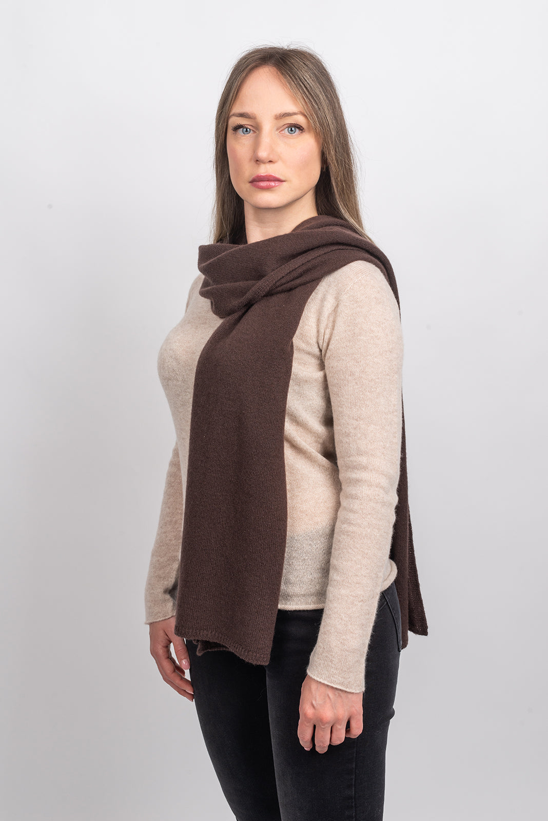 Brown Women's Wide 100% Cashmere Scarf, view 3