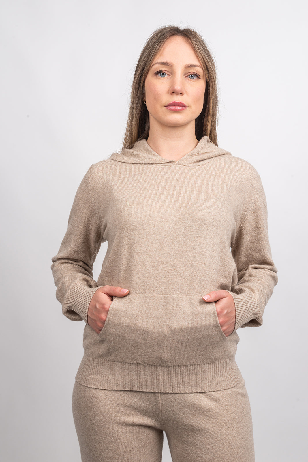 Beige Women's Hooded Cashmere Blend Sweatshirt, view 2