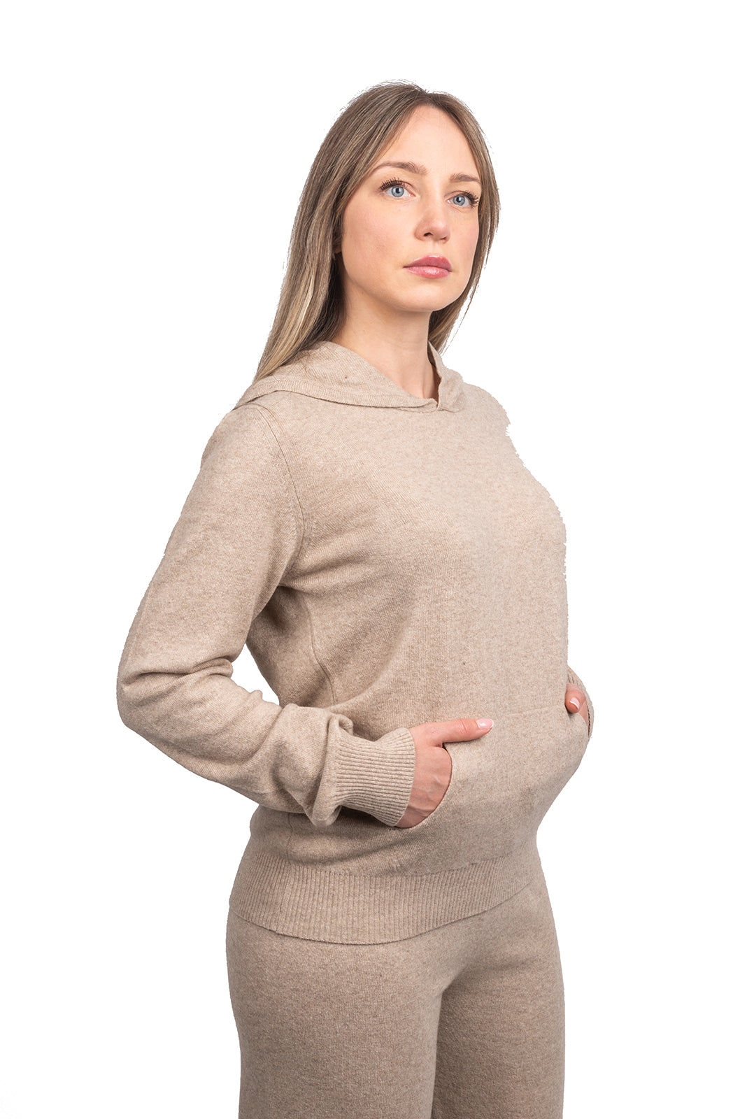Beige Women's Hooded Cashmere Blend Sweatshirt