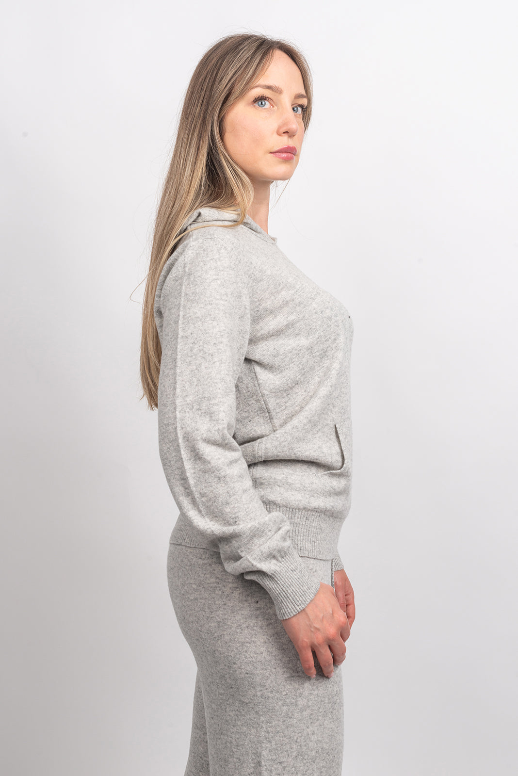 Gray Women's Hooded Cashmere Blend Sweatshirt, view 2