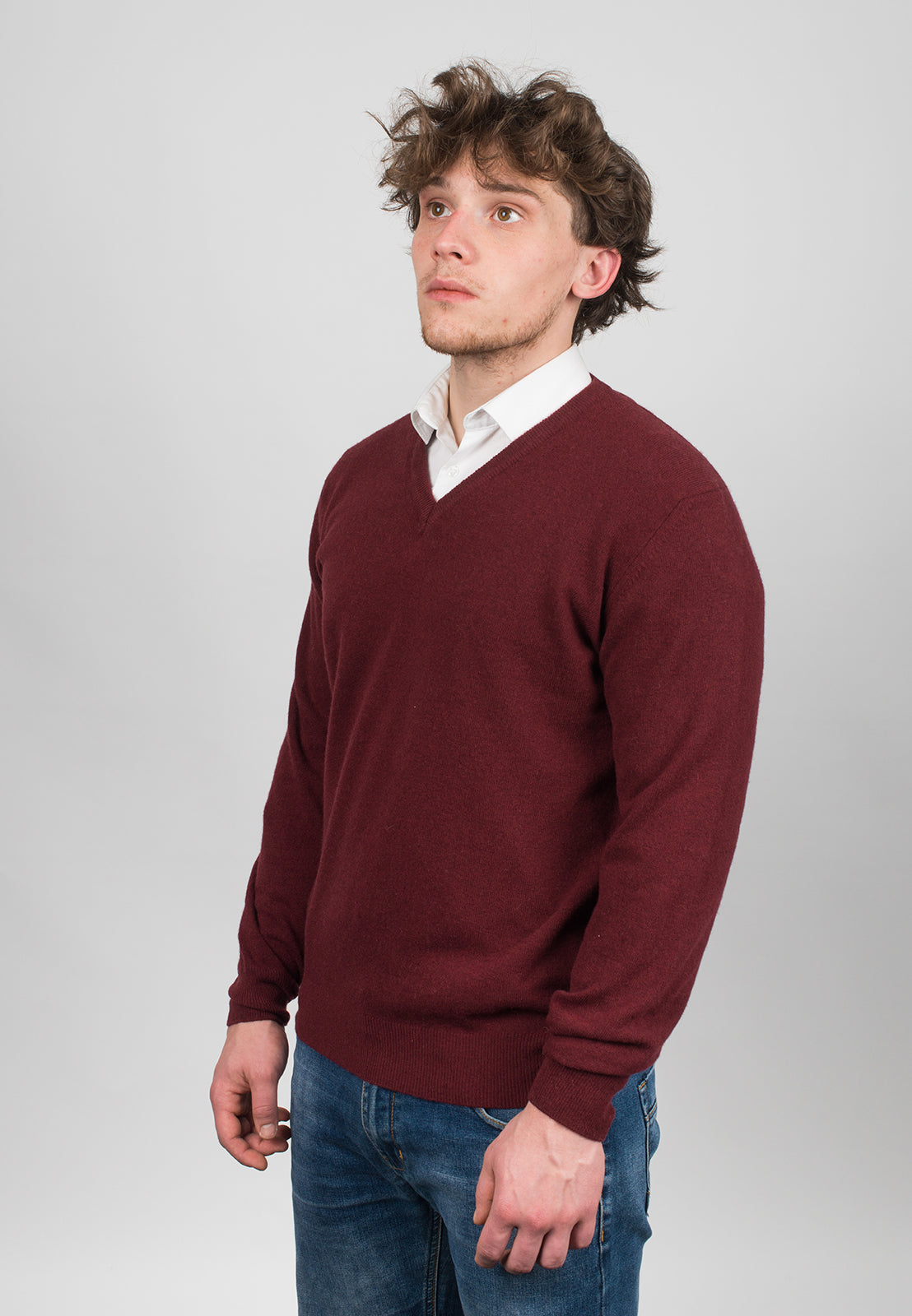 Burgundy Men's Cashmere Blend V-Neck, view 2