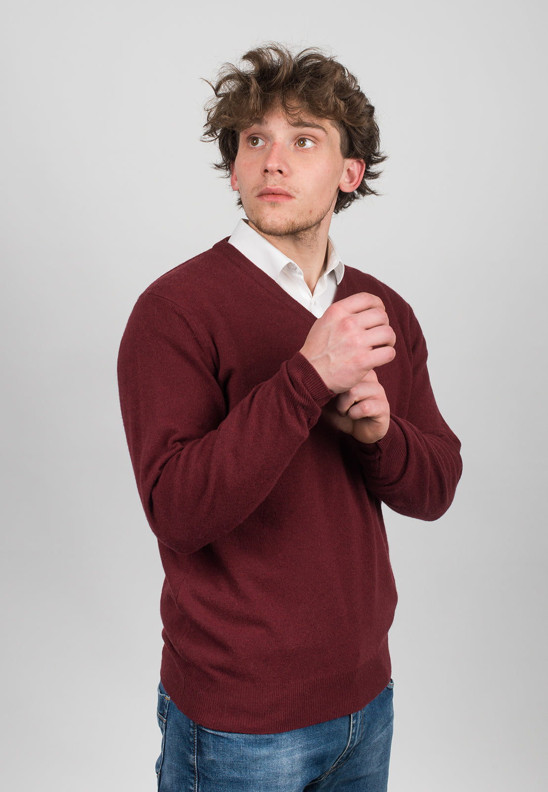 Burgundy Men's Cashmere Blend V-Neck, view 3