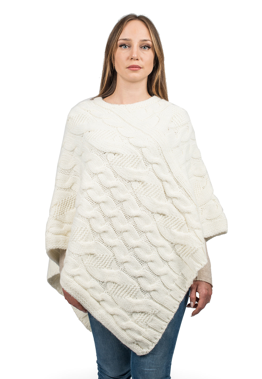 Cream Cable-Knit V-Neck Poncho