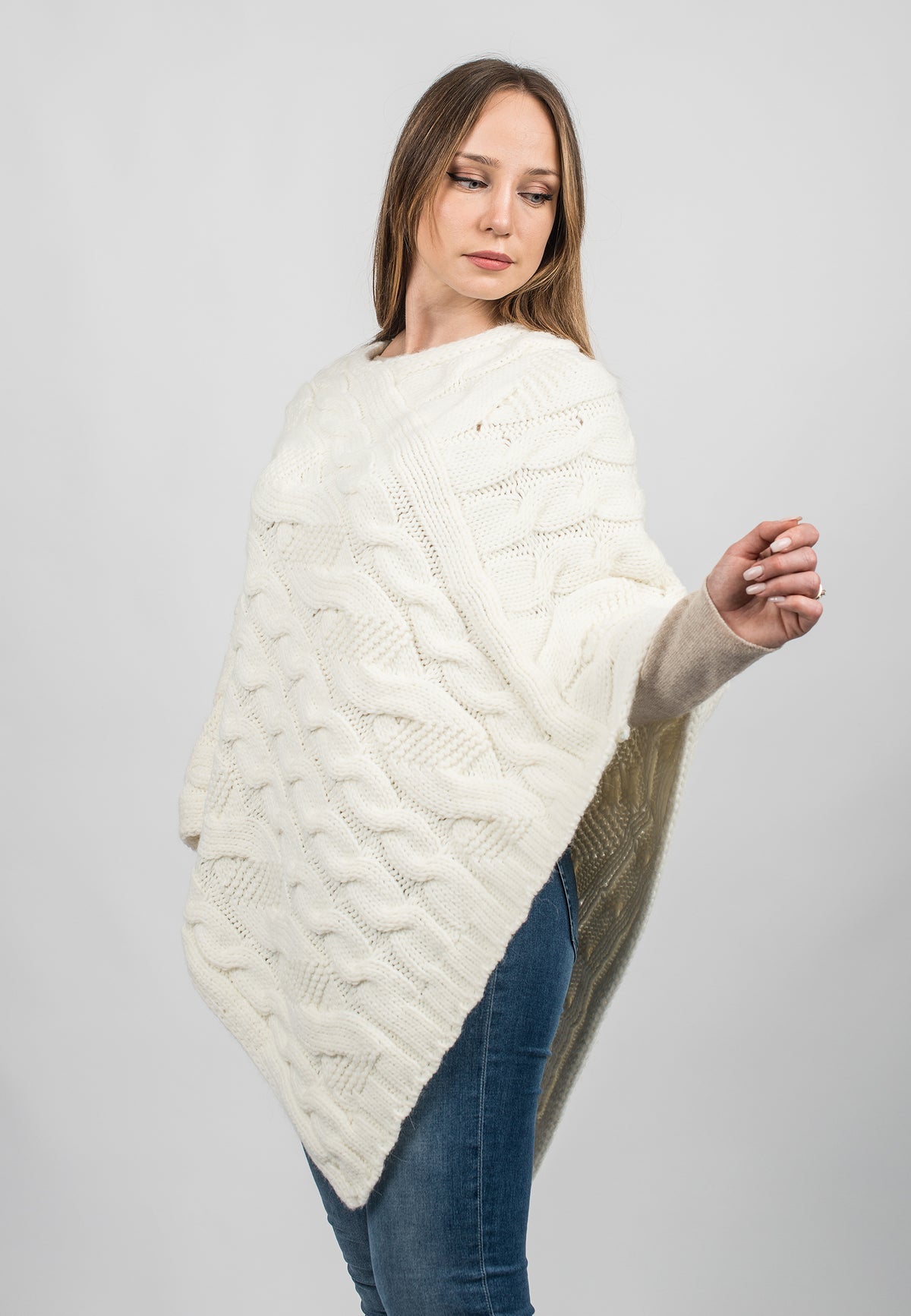 Cream Cable-Knit V-Neck Poncho, view 2