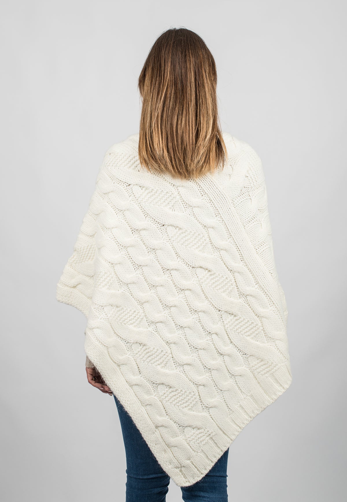 Cream Cable-Knit V-Neck Poncho, view 3