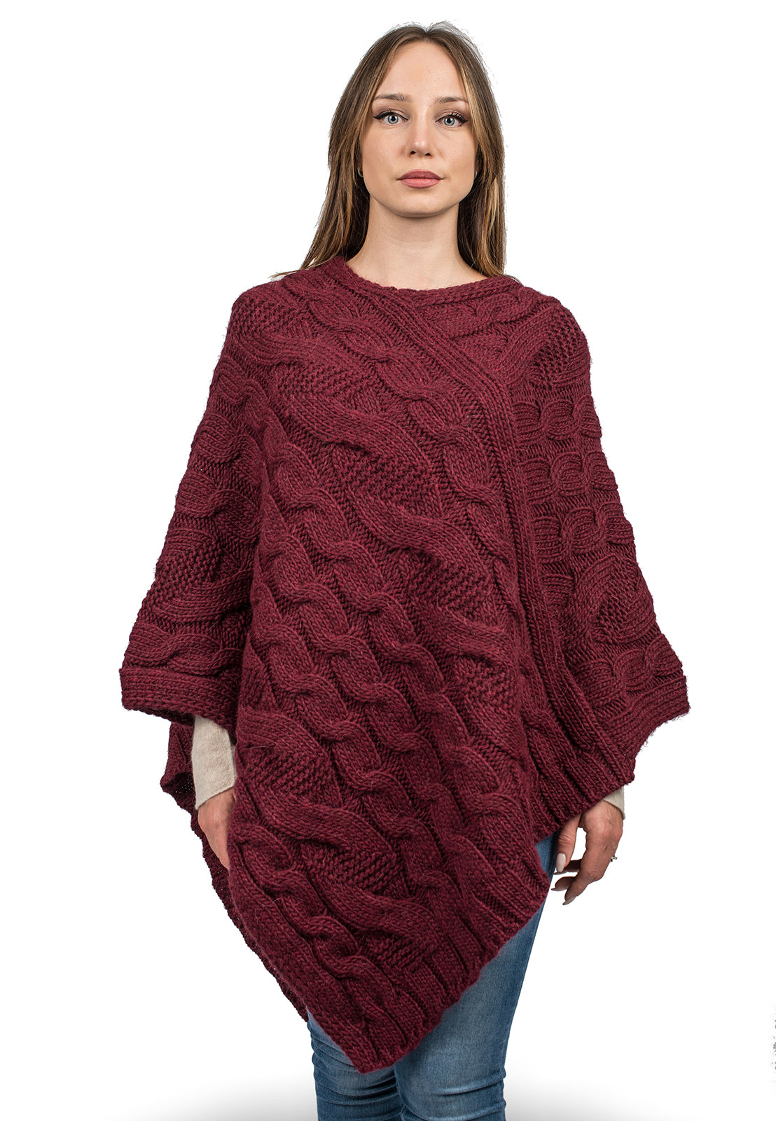 Burgundy Cable-Knit V-Neck Poncho