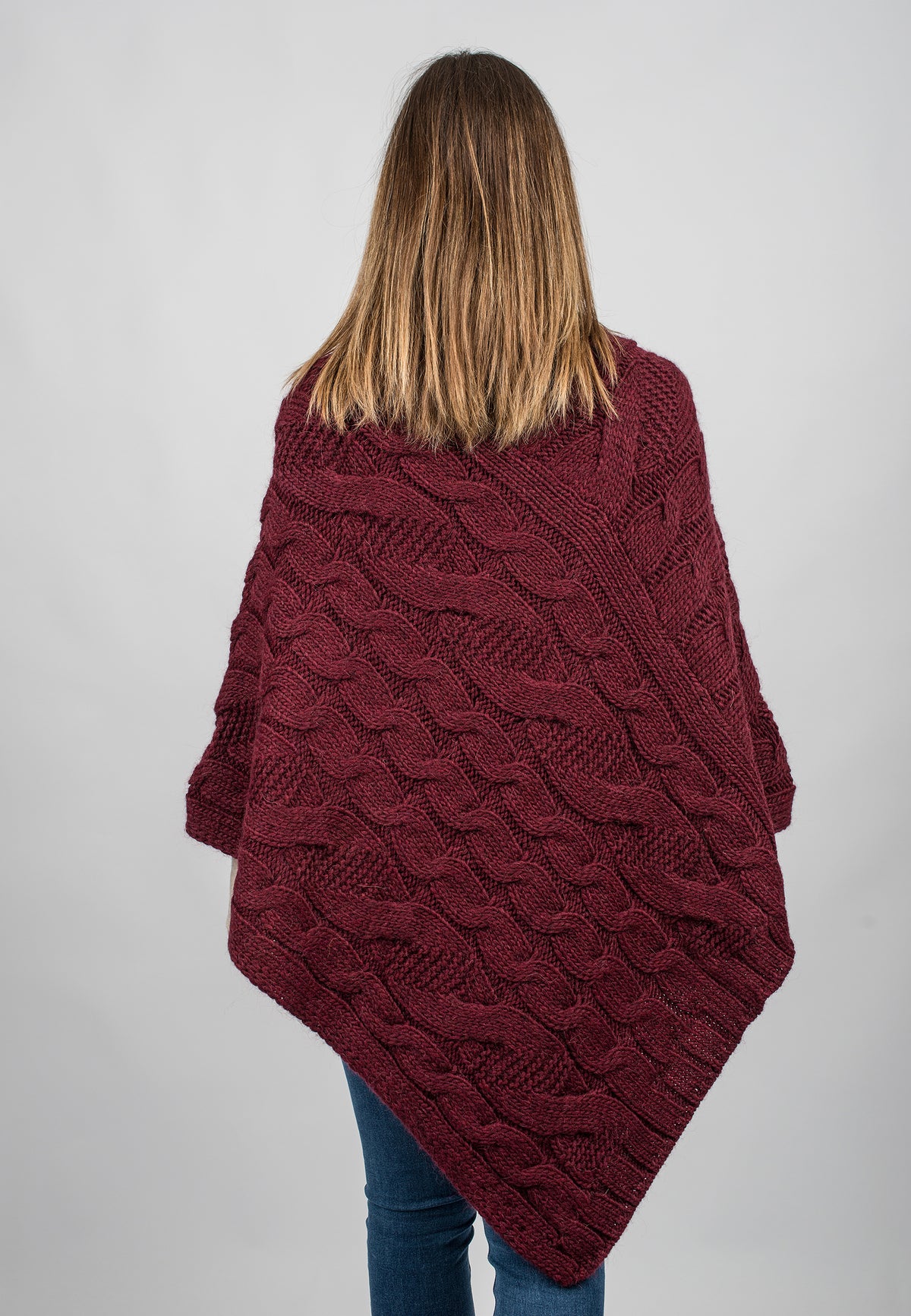 Burgundy Cable-Knit V-Neck Poncho, view 3